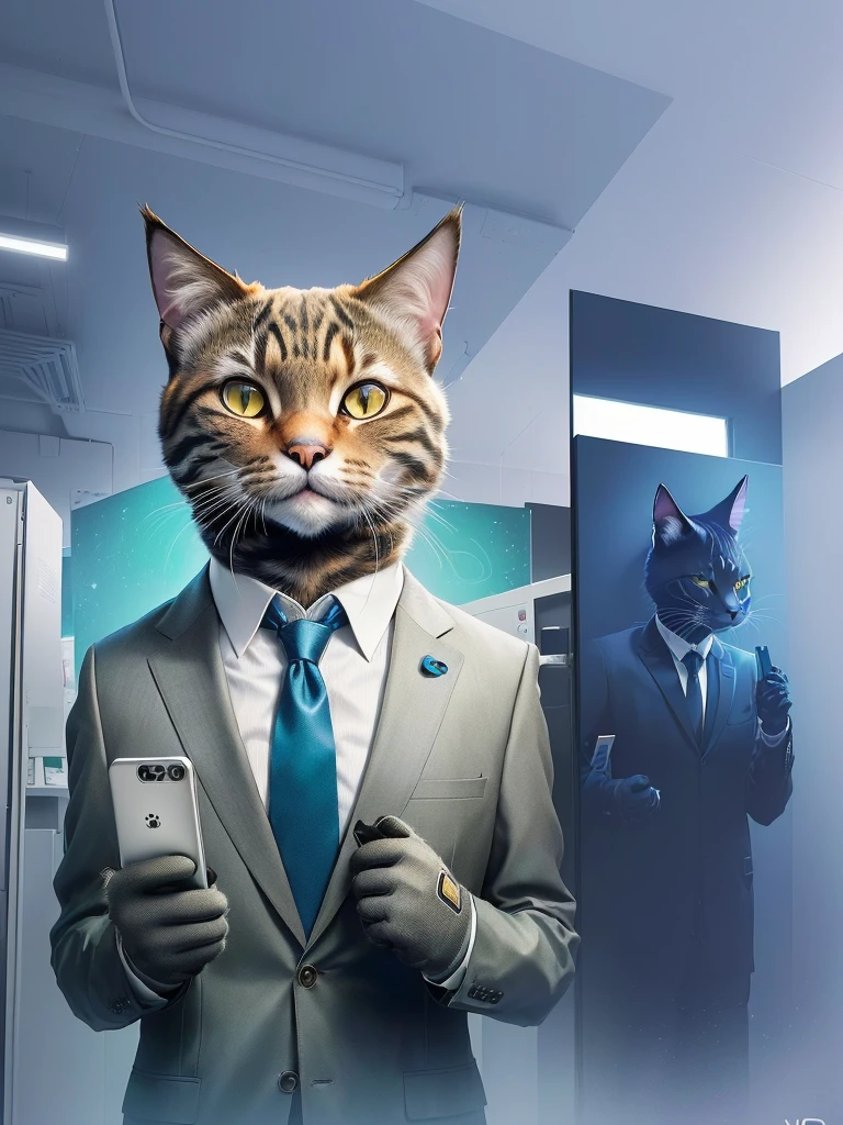 there is a cat in a suit and tie holding a cell phone, anthropomorphic cat, cyberfied, in the background there is a highly technological office combining, Papel de parede - 1 0 2 4, human cat hybrid, ready anthropomorphic, gato ciberpunk, an anthropo cat, cyborg cat, anthropomorphic lynx, cat from the void, stylized digital illustration, photo rendering, by Wayne England