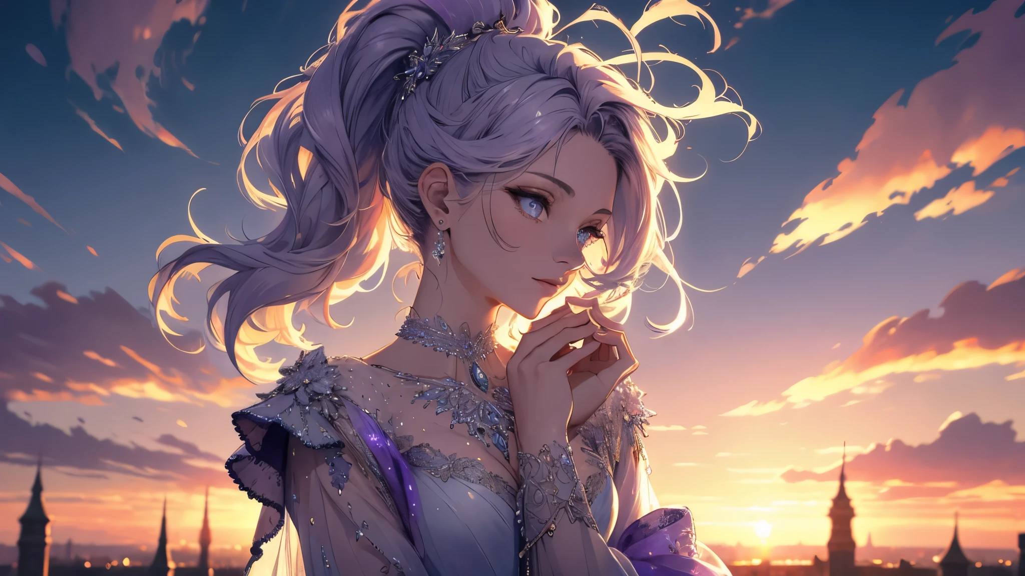 High resolution RAW color art, animation,Sculpture, Silver Marble Skin, (((Highly detailed elegant))), Magical atmosphere, Detailed skin, texture,(Exquisitely crafted, The finer details, Ultra-detailed art), Depth of written boundary, Bokeh, Silky to the touch, Hyper Detail, White Background, (Pastel Purple), Beautiful Eyes, Elegant face, Surprised face, Recall, View from above, Dynamic Clouds, Sunset sky, ponytail