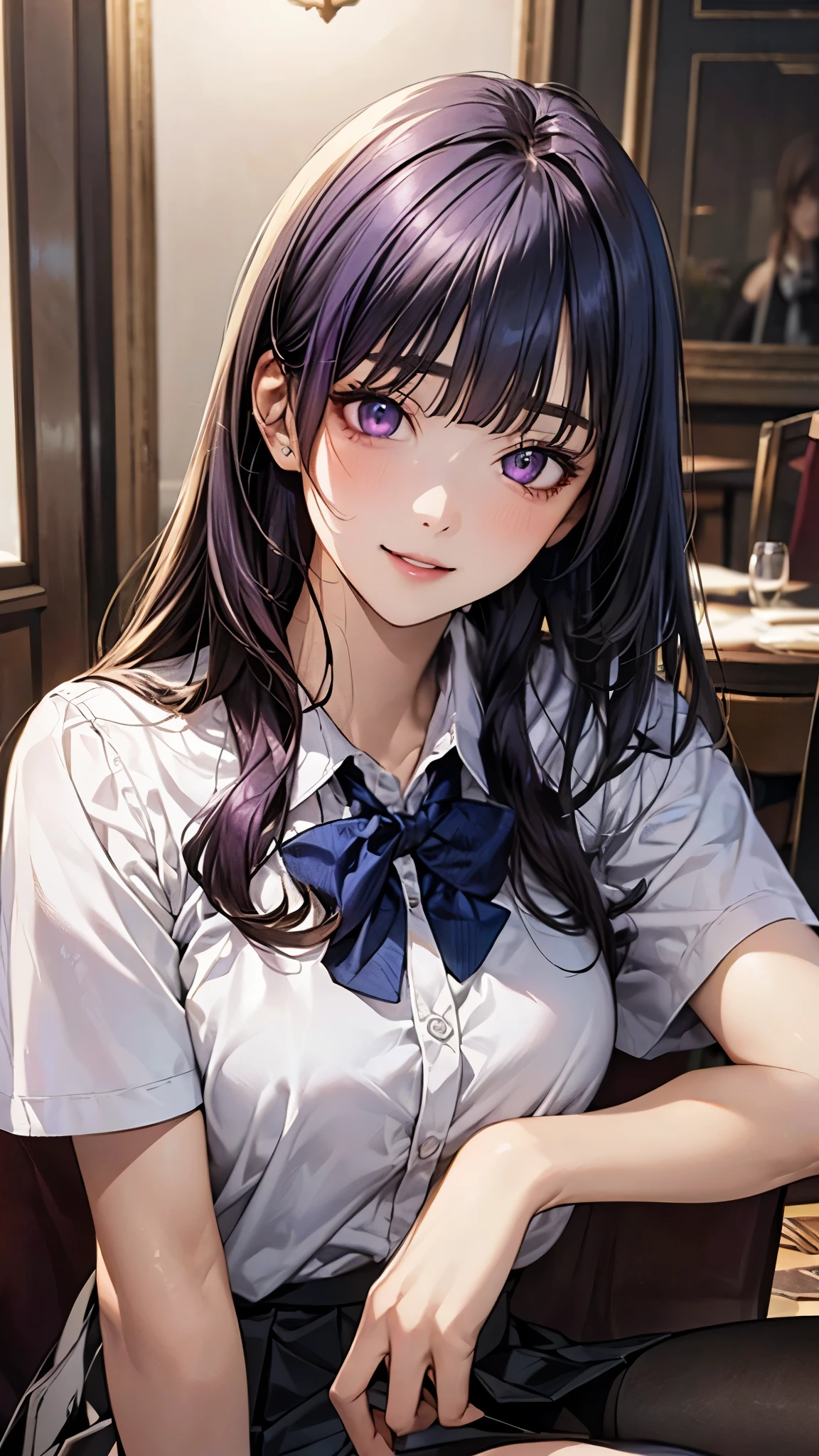(masterpiece:1.2, top-quality), (realistic, photorealistic:1.4), beautiful illustration, (natural side lighting, movie lighting), nsfw,
looking at viewer, (face focus, upper body)1 girl, high school girl, (perfect anatomy, anatomically correct, super detailed skin), cute and symmetrical face, perfect face, perfect eyes,
(long hair:1.4, hime style, hime cut, purple hair), blunt bangs, purple eyes, big eyes, long eye lasher, (medium breasts, seductive thighs), slender, babyface, shiny skin,
beautiful detailed hair, beautiful detailed face, beautiful detailed eyes, beautiful clavicle, beautiful body, beautiful chest, beautiful thigh, beautiful legs, beautiful fingers,
(short sleeve white collared shirt, gray pleated miniskirt, blue bow tie, black thigh-highs),
(beautiful scenery), evening, (dining room:1.5), sitting chair, (lovely smile, upper eyes, parted lips),