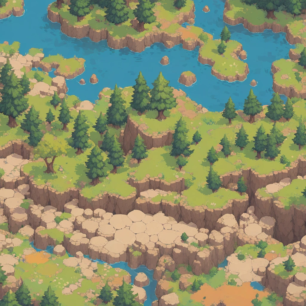 retro video game style,pixelated, vibrant pastel colors,8-bit characters,blocky shapes,sharp lines,detailed shading,classic gaming vibe,nostalgic atmosphere,classic arcade games,masterpiece:1.2,ultra-detailed,illustration style, 2d texture, stone texture, 4 k seamless mud texture, video game texture, dirt texture, tileset, game tiles, grass, 3/4th perspective trees, 3/4th perspective tileable rock texture, 3/4th perspective tileable cliff formations, tileable trees, topdown view, game texture, game art, tileable texture, very detailed cliff texture, intricate stones, top down view, 3/4th perspective