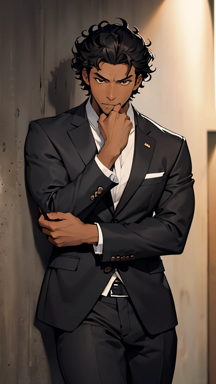 Anime styles, black man with brown eyes, slim, gray suit, serious expression, short curly black hair, hotel wall background, pensive with hand on chin