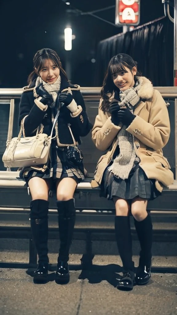A photo of two mature Japanese high school girls wearing duffle coats with leather shoes and shiny black leather gloves,Heavy makeup face,Ultra-detailed face, eye make up,Profile of a woman with her legs crossed at the entrance to the subway. Looking at each other,Ultra Mini Skirt,LOL,School Bags,This photo was taken in daylight with soft lighting..、The girls are sitting on the ground.。. This photo was taken by someone on their cell phone..、Apparently it was posted on Snapchat.。. 