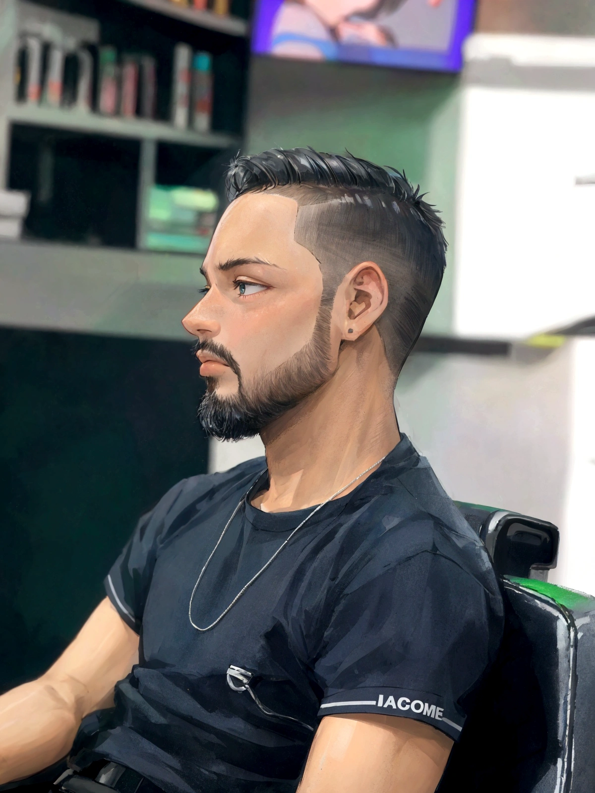there is a man sitting in a chair with a laptop, one side haircut, modern haircut, shorth hair nas laterais da cabeça, short on sides, shorth hair no topo da cabeça, combover, cropped haircut, parted hair, tapered hairline, cut style, shorth hair, 3/4 profile, very short combed back