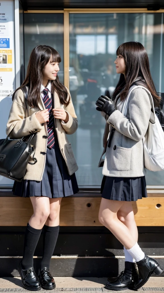 A photo of two mature Japanese high school girls wearing duffle coats with leather shoes, ribbon-tied school cardigans, and shiny black leather gloves made of genuine leather.,Heavy makeup face,Ultra-detailed face, eye make up,Profile of a woman with her legs crossed at the entrance to the subway. Looking at each other,Ultra Mini Skirt,LOL,School Bags,This photo was taken in daylight with soft lighting..、The girls are sitting on the ground.。. This photo was taken by someone on their cell phone..、Apparently it was posted on Snapchat.。.