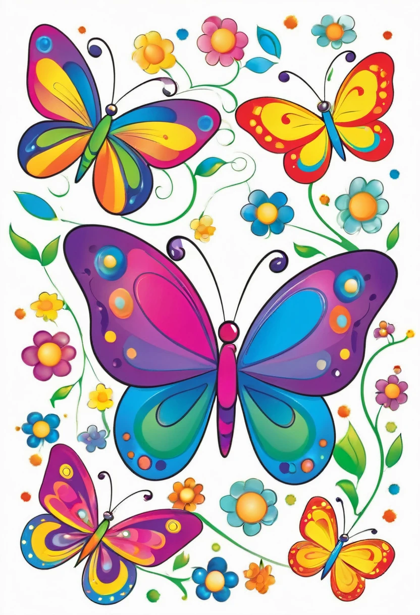 happy colored butterfly, Abstract Art for Children style, outline, vector, white background