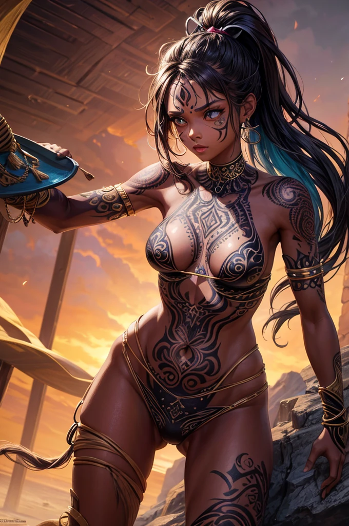  girl, ancient tribal warrior, combat stance, facepaint, bodypaint, sexi, medium sized breasts, highly detailed, vibrant appearance, creative behavior, extremly detailed, imaginative, sensual, spontaneous, highest quality, skin texture, intricate details, (cinematic lighting), RAW photo, 8k, masterpiece,best quality,ultra-detailed,very detailed illustrations,extremely detailed,intricate details,highres,super complex details,extremely detailed 8k cg wallpaper, cute, sexy, long hair, ponytail, tanned skin, tattoos, 