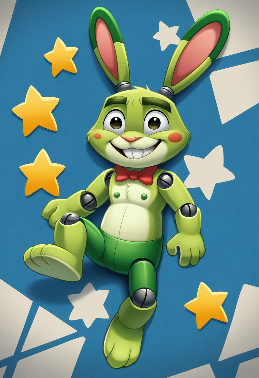The image shows a green creature with rabbit ears and a wide smile., showing your teeth. It has large eyes and a 闪电-shaped symbol on its chest.. The background is blue. cartoon charachter of a green rabbit with a star on his chest, electric rabbit, rabble_charachter, toonix charachter, cute anthropomorphic bunny, anthropomorphic rabbit, 3D icon for mobile game, rabbit robot, Rayman Rabbids delirantes, friendly carrot cyborg, depicted as a pixar charachter, anthropomorphic charachter, toon render screenshot. cartoon green rabbit with a star on his chest, electric rabbit, green rabbit, rabble_charachter, toonix charachter, cute anthropomorphic bunny, anthropomorphic rabbit, 3D icon for mobile game, rabbit robot, Rayman Rabbids delirantes, toon render screenshot, anthropomorphic charachter, depicted as a pixar charachter, high detail iconic charachter. lying on the shiny metallic floor, shiny texture, smooth 3d model, multiple light sources, rim-light, crisp post-effects rendering, (shiny metallic texture with multiple refractions of large light probe), Perfect CGI, cgi art created with gradients only, smooth silhouette, high intensity refraction, (super shiny chrome material), most beautiful visual effects, blue background, rabbit greem chrome metal refractions