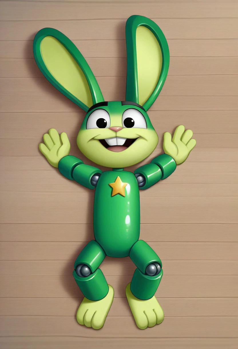The image shows a green creature with rabbit ears and a wide smile., showing your teeth. It has large eyes and a 闪电-shaped symbol on its chest.. The background is blue. cartoon charachter of a green rabbit with a star on his chest, electric rabbit, rabble_charachter, toonix charachter, cute anthropomorphic bunny, anthropomorphic rabbit, 3D icon for mobile game, rabbit robot, Rayman Rabbids delirantes, friendly carrot cyborg, depicted as a pixar charachter, anthropomorphic charachter, toon render screenshot. cartoon green rabbit with a star on his chest, electric rabbit, green rabbit, rabble_charachter, toonix charachter, cute anthropomorphic bunny, anthropomorphic rabbit, 3D icon for mobile game, rabbit robot, Rayman Rabbids delirantes, toon render screenshot, anthropomorphic charachter, depicted as a pixar charachter, high detail iconic charachter. lying on the shiny metallic floor, shiny texture, smooth 3d model, multiple light sources, rim-light, crisp post-effects rendering, (shiny metallic texture with multiple refractions of large light probe), Perfect CGI, cgi art created with gradients only, smooth silhouette, high intensity refraction, (super shiny chrome material), most beautiful visual effects, blue background, rabbit greem chrome metal refractions