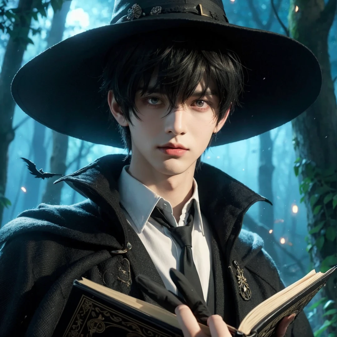 Handsome boy, black hair, red eyes, wearing black witch hat, wearing black witch clothes, holding a black magic book, magic forest background