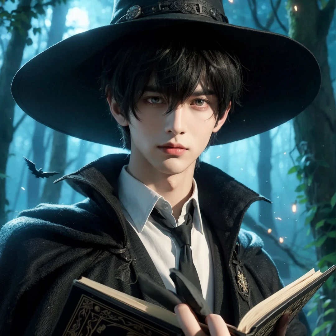 Handsome boy, black hair, red eyes, wearing black witch hat, wearing black witch clothes, holding a black magic book, magic forest background