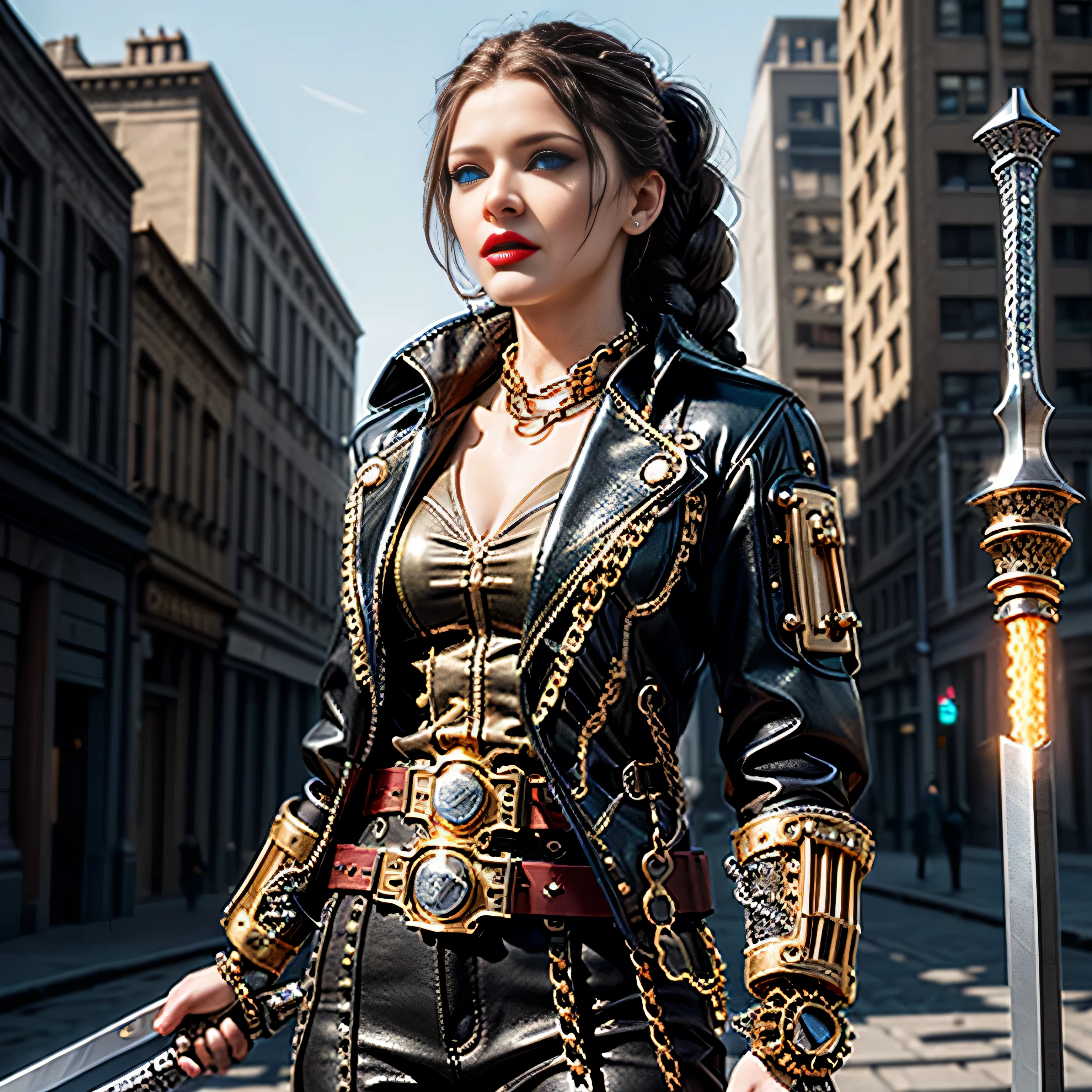 ((masterpiece, photorealistic:1.4, extremely intricate:1.3, photon mapping, radiosity, physically based rendering, ultra resolution, hyper-realistic, photorealistic:1.4, hyper-realistic, 8K)), (((athletic female assassin, long straight side braids, windy [black hair:bright ginger hair:0.7], (([flat chest:medium breasts:0.8], (serrated sword))), ((makeup:1.0, perfectchainmail, gold steampunk, black jacket, clockwork belt), red lips, dusk, red silk shirt)))), outdoors, metal reflections, ((((futuristic apocalyptic city destroyed)))), professional photograph, soft focus, dramatic, award winning, cinematic lighting, volumetrics (film grain, blurry background, blurry foreground, bokeh, depth of field), BREAK, (([clear eyes:blue eyes:0.4]))