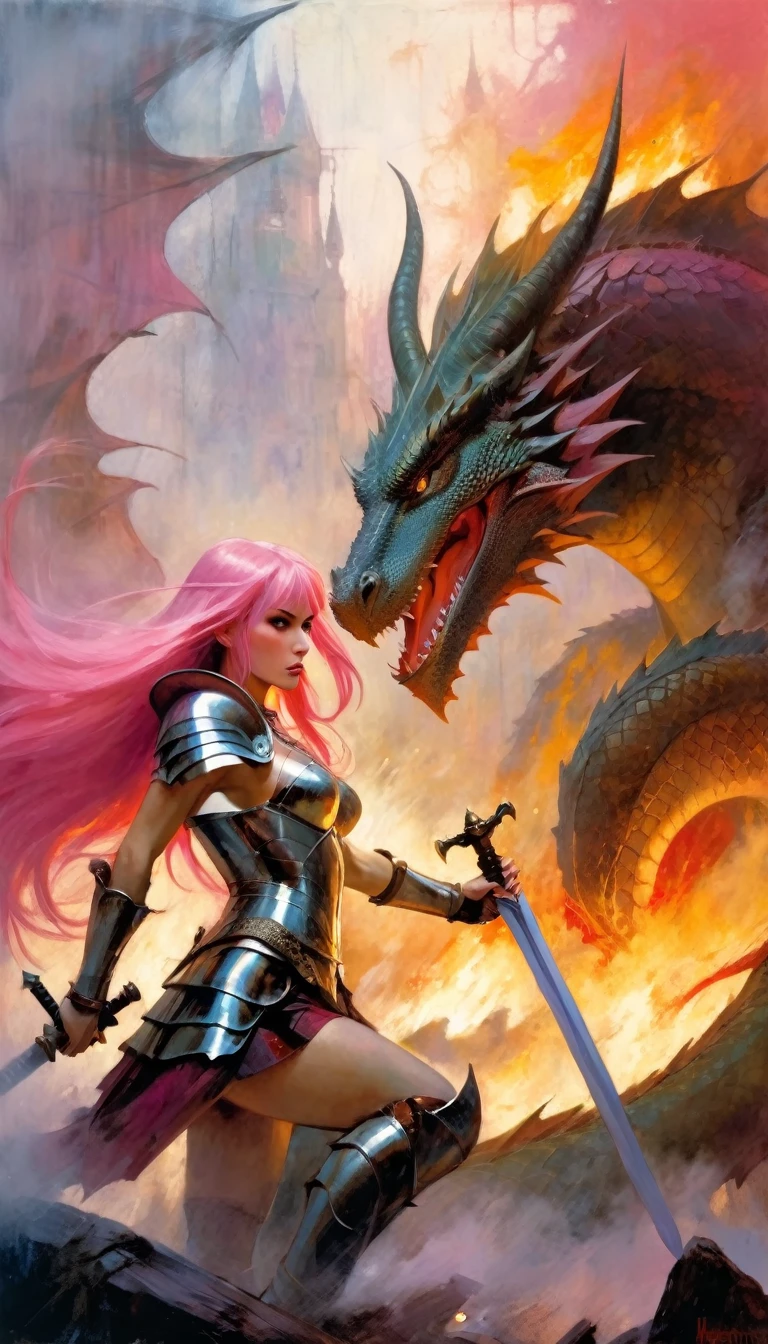 sexy warrior girl in armor, long pink hair, in a battle next to a dragon, fierce battle, dense fog, fire (art inspired in Bill Sienkiewicz). oil painting)