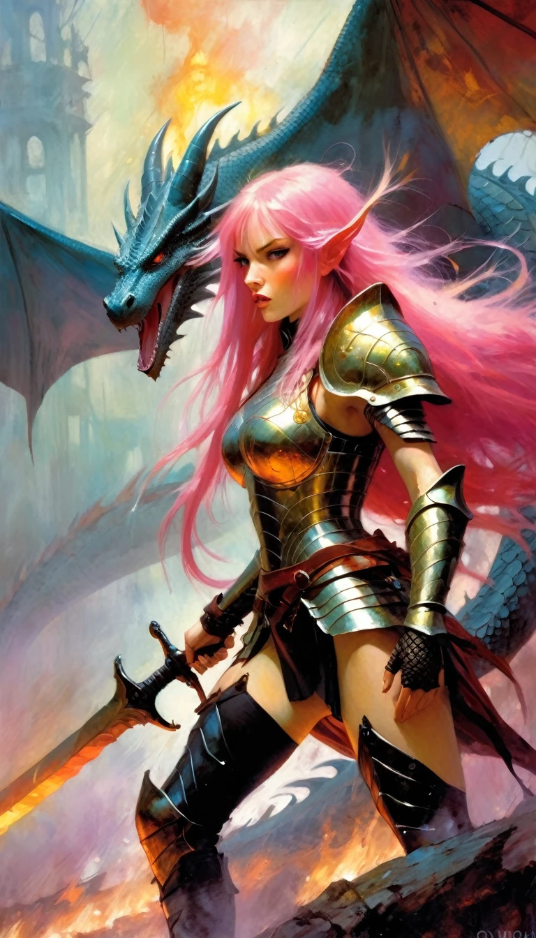 sexy warrior girl in armor, long pink hair, in a battle next to a dragon, fierce battle, dense fog, fire (art inspired in Bill Sienkiewicz). oil painting)
