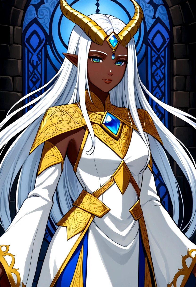 Create My Cleric of Selune Medieval RPG Character, possesses an incomprehensible angelic beauty, with dark, soft skin, long silver hair and bright golden eyes. His horns curve gracefully above his head, and its long, thin tail ends in a point that resembles an arrowhead. She usually wears light, flowing clothes in shades of blue and white., adorned with silver details. Use Aavaros from the Dragon Prince anime as a base for the appearance.