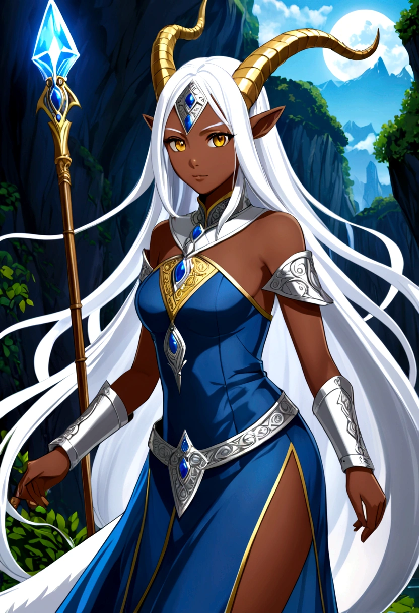 Create My Cleric of Selune Medieval RPG Character, possesses an incomprehensible angelic beauty, with dark, soft skin, long silver hair and bright golden eyes. His horns curve gracefully above his head, and its long, thin tail ends in a point that resembles an arrowhead. She usually wears light, flowing clothes in shades of blue and white., adorned with silver details. Use Aavaros from the Dragon Prince anime as a base for the appearance.