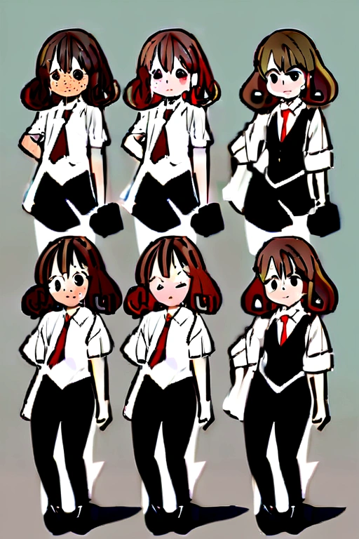 A 1.50 tall,  girl with short brown hair that curls at the ends and freckles on her face. She was dressed in a black vest, revealing a white dress shirt beneath with rolled-up sleeves and a red tie. Black pants and shoes completed her attire. Her eyes, identical to her dark brown hair, were chocolate brown