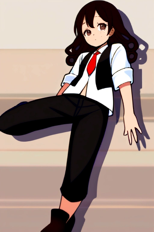 A 1.50 tall, 14 year old girl with short brown hair that curls at the ends and freckles on her face. She was dressed in a black vest, revealing a white dress shirt beneath with rolled-up sleeves and a red tie. Black pants and shoes completed her attire. Her eyes, identical to her dark brown hair, were chocolate brown
