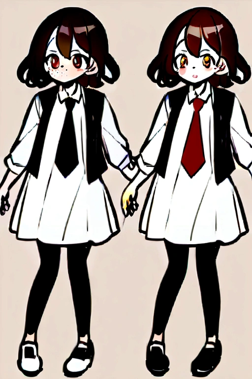 A 1.50 tall, 14 year old girl with short brown hair that curls at the ends and freckles on her face. She was dressed in a black vest, revealing a white dress shirt beneath with rolled-up sleeves and a red tie. Black pants and shoes completed her attire. Her eyes, identical to her dark brown hair, were chocolate brown