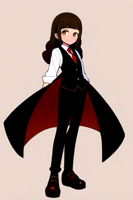 A 1.50 tall,  girl with short brown hair that curls at the ends and freckles on her face. She was dressed in a black vest, revealing a white dress shirt beneath with rolled-up sleeves and a red tie. Black pants and shoes completed her attire. Her eyes, identical to her dark brown hair, were chocolate brown