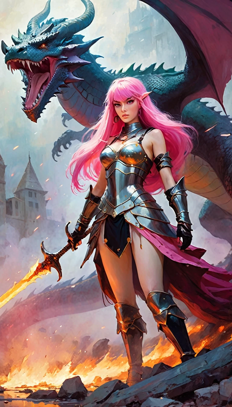 sexy warrior girl in armor, long pink hair, in a battle next to a dragon, fierce battle, dense fog, fire (art inspired in Bill Sienkiewicz). oil painting)