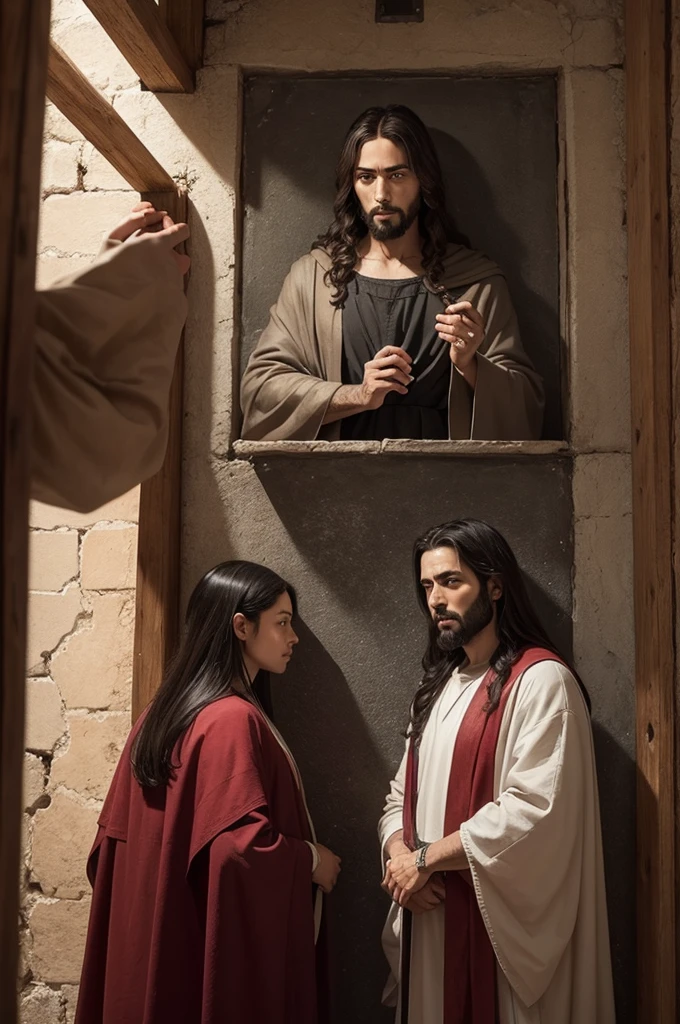Create a picture of Jesus next to the two thieves on the cross