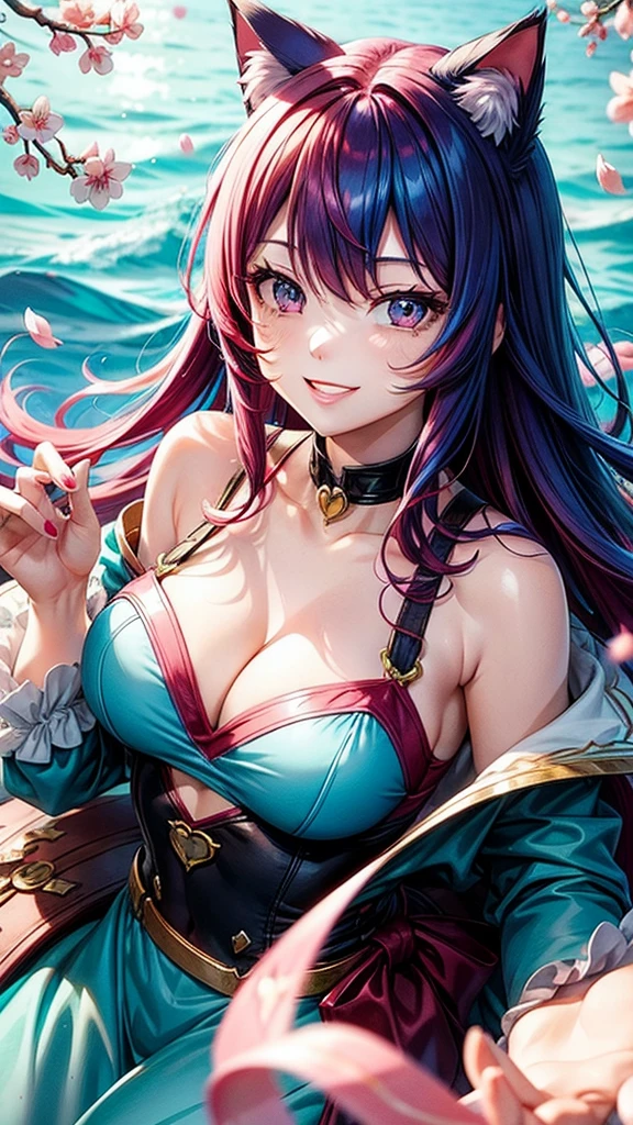 Half blue and red hair, pink eyes, woman, teal blue gold clothes,happy face, sexy, cat ears, hearts, floating hearts, face only, long hair, smiling, cherry blossom, hair ornament, up close face