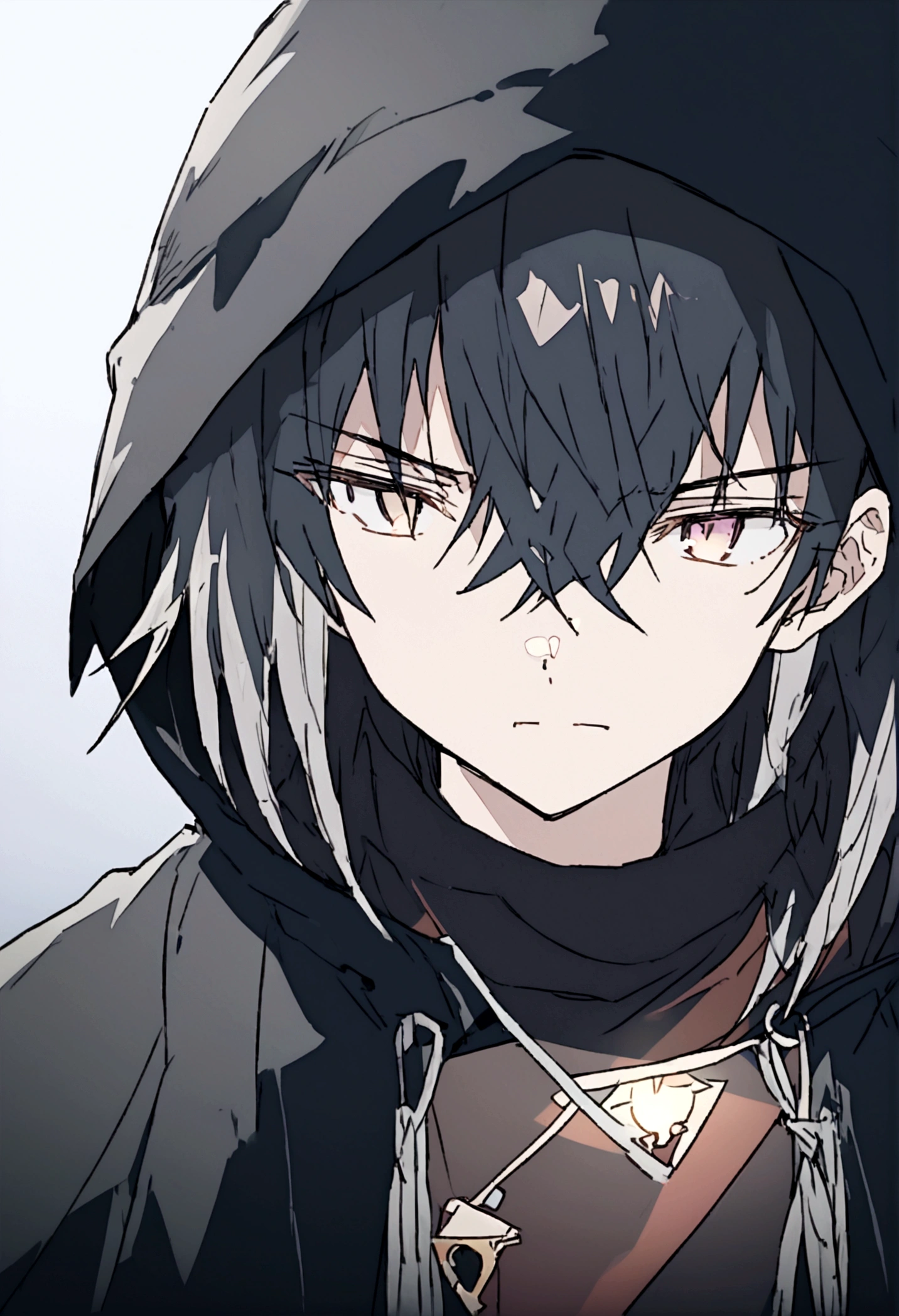 Anime male, black hair, black clothing, tired face expression, best quality, wise, cold-hearted, cool, solo, black fluffy winter hood over head, hood on, black cloak, hair covering over right eye, right eye covered, left eye color is white and is glowing, determined eyes, black shirt, greyish depressing filter tint, Equal eye shapes