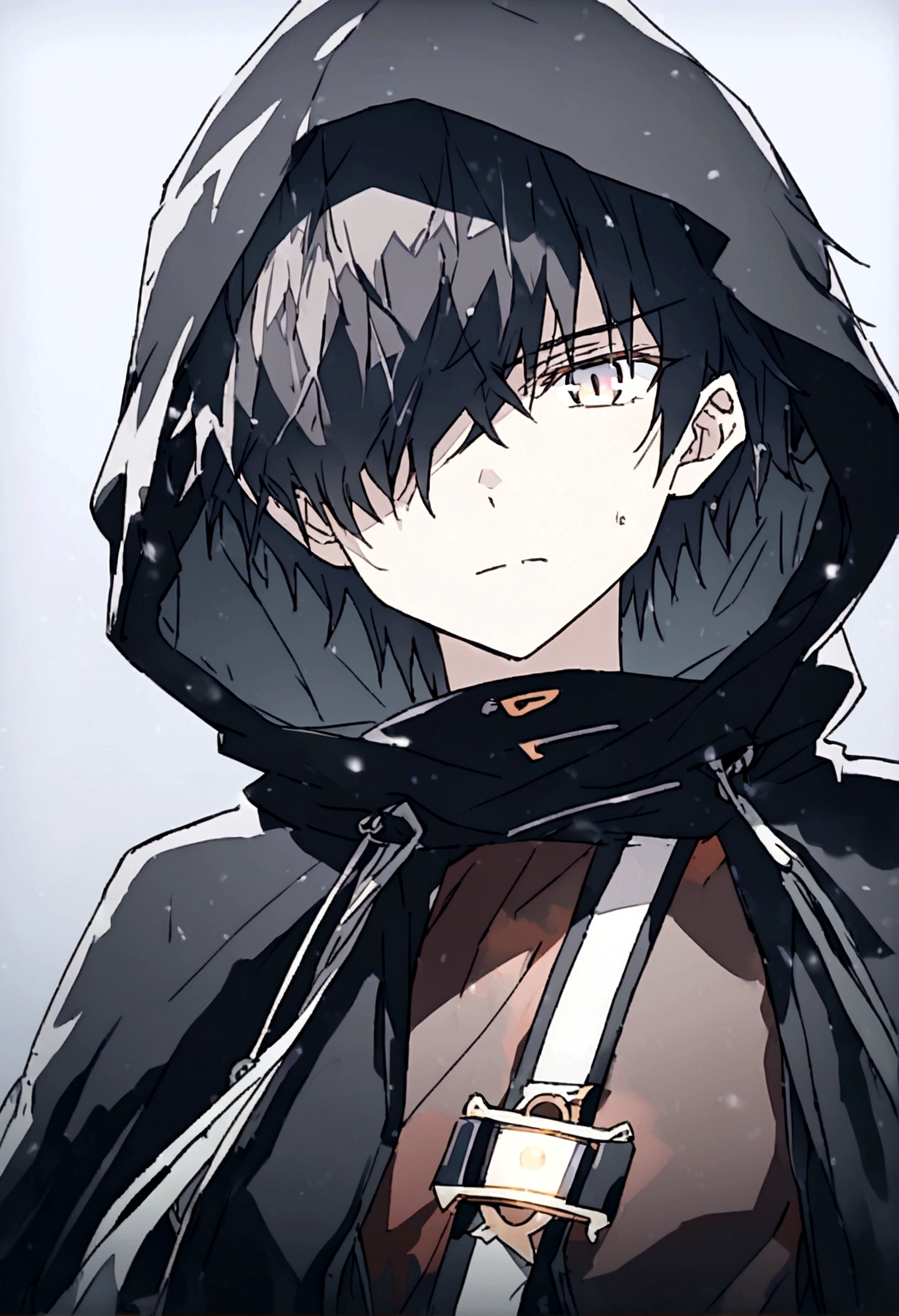 Anime male, black hair, black clothing, tired face expression, best quality, wise, cold-hearted, cool, solo, black fluffy winter hood over head, hood on, black cloak, hair covering  over right eye, right eye covered, left eye color is white and is glowing, determined eyes, black shirt, greyish depressing filter tint, Equal eye shapes