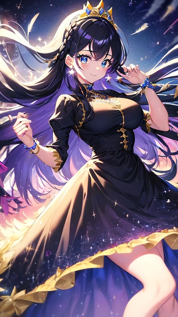 best quality, extremely detailed, anime style adult 1girl, long hair down to the waist, straight hair, ((dark black hair with bluish)),crown braid,beautiful detailed eyes, pinched eyes, dark blue eyes, huge breasts,curvy,(((princess motif magical dress))),longskirt,Clothing with intricate decorations,((feather and colorful accessory)),((foppery shoes)),fluttering cloak,((((light smile)))),((((under starrysky)))),animation cap,animated gif,((in precure style))