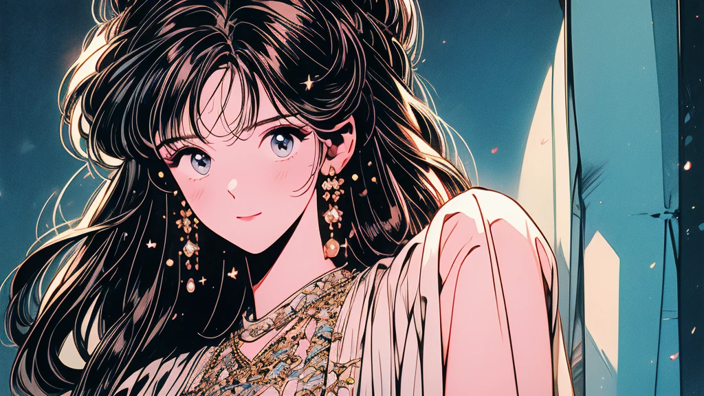 (masterpiece), 8k cg, stunningly beautiful girl, intricate details, chromatic aberration, ((bust shot)), ((looking at viewer)), 1girl, (KosekiBijou, hair ornament, white dress, strapless dress, crystal, detached sleeves, asymmetrical sleeves), extremely beautiful and delicate portrait, smile, blush, makeup, absurdres, cinematic lighting, dynamic lighting, fantasy, ((dark background, fog))