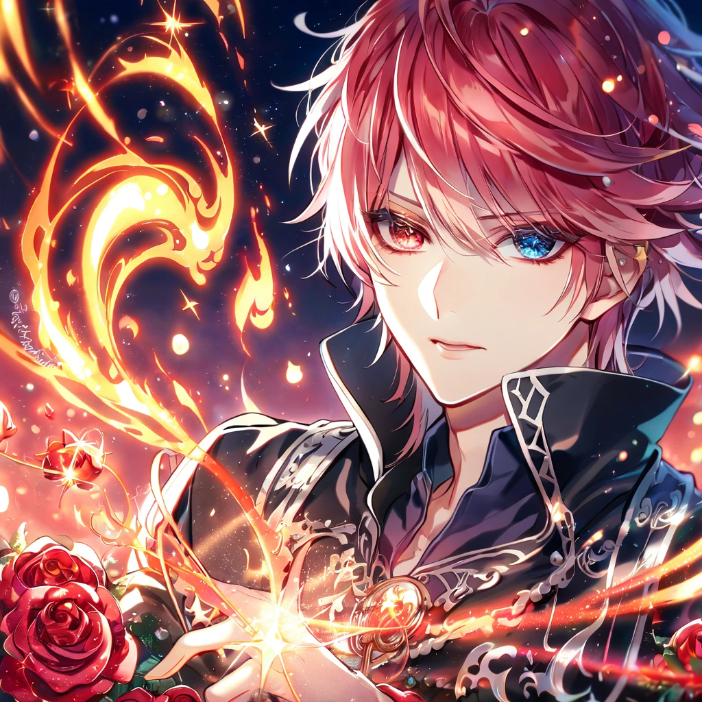 (absurdres, highres, ultra detailed, HDR) master piece, best quality, extremely detailed face, delicated features, Reiki, red hair, ruffled, spiked, with bangs, heterochromia, right eye blue, left eye gray, K Project, solo, sexy man, handsome, black leather jacket, black T-shirt, black leather gloves, magical fantasy, glittering, sparkling, red roses, radiant, red sparkling fireflies, flames, envy magical, fantasy