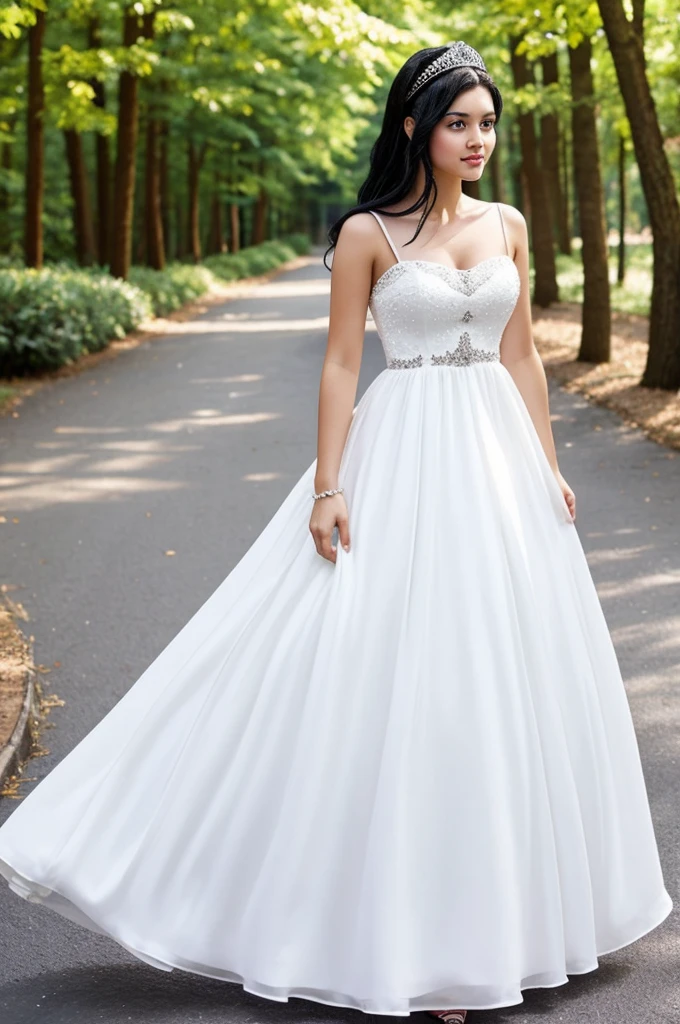 A princess with black hair and white skin in a white dress