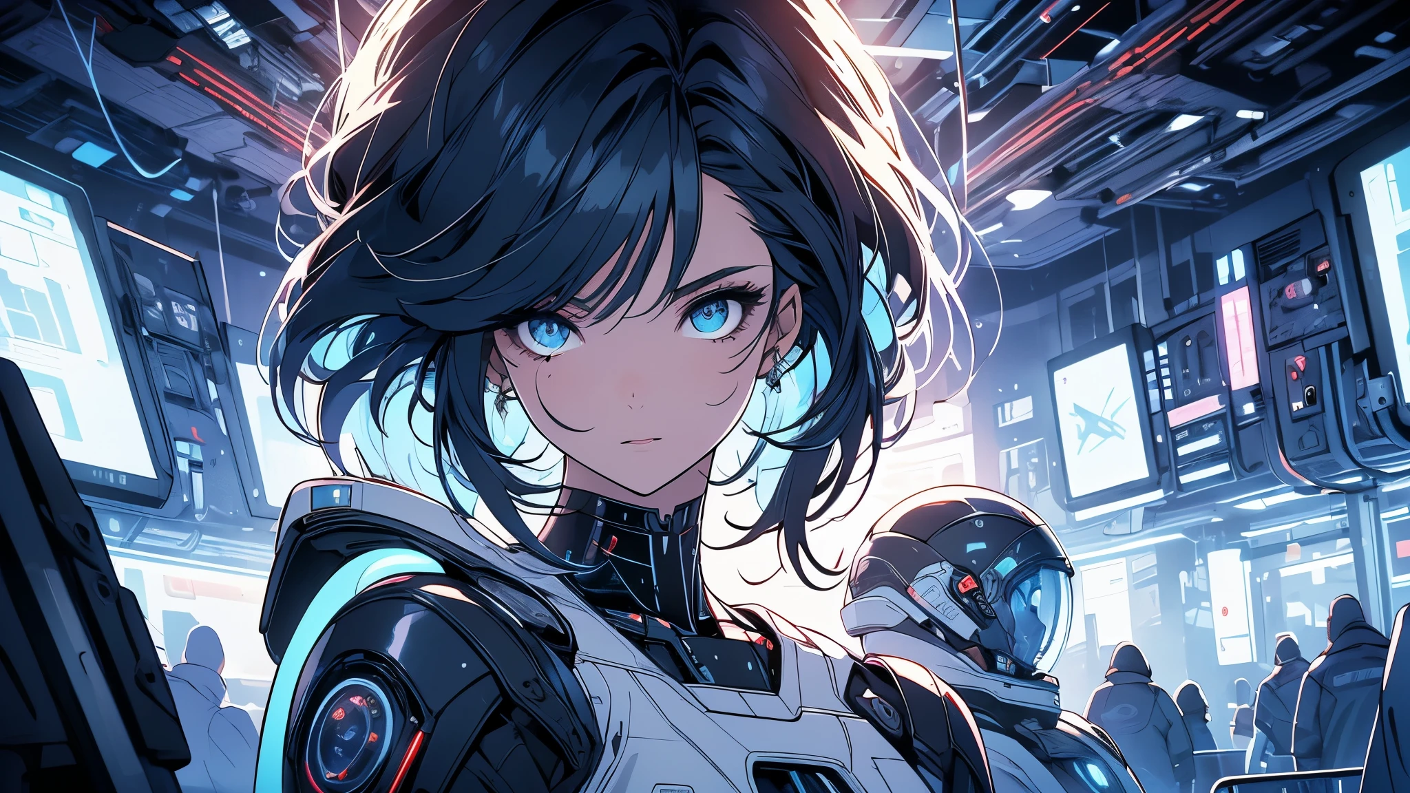 One beautiful woman, inside a spaceship, perfect machine, spacesuit, looking at camera, perfect face, zero gravity, outer space, lots of wires, switchboard, perfect and detailed machine, robot, detailed hair, (((Various angles))), pit, most beautiful woman alive, head shot , Super detailed background, top quality, Unique and beautiful eyes, Various unique hairstyles, Ghost in the Shell, Long shot, Panorama, (((Various eye color))), Various hair color, sparkling eyes,Outer space in the background, Unique and perfect face, Pale Lighting, shoot from above, (((ground level shot))), (((stylish)))