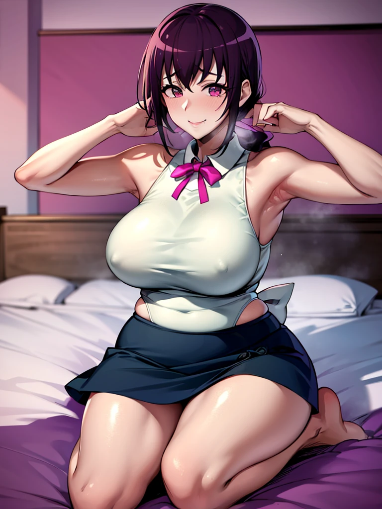 Highest quality, expensive_solve, clear_image, Detailed Background ,Adult female、Married Woman、Adultery、prostitution、NTR、Delivery Health、Prostitute、Tennis Wear、Tennis Costumes、純白のTennis Wear,Costume Play、Detailed costume、Costume Emphasis、Pink undercoat、Sweaty clothes、shiny black hair、Shortcuts、Bedroom、 night,Big Breasts、Costumes that look like they're going to tear、Tight outfit、Plump、Naughty smile、Sweaty、Skirt flip、Hot Breath、expectant face、Detailed costume、Detailed face、Sit on the bed with your legs apart、Sit on the bed with your knees apart、Love hotel bedroom、