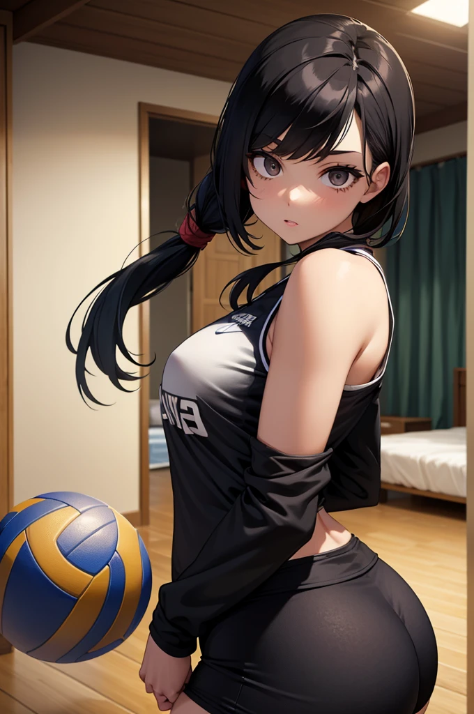 Young woman, dark eyes, black hair, small breasts, big butt, volleyball clothes, In a room of a house, No ball, just stop, zombie apocalypse.