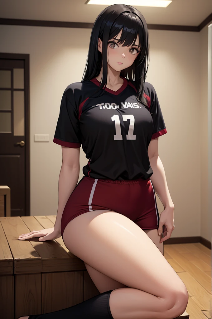 Young woman, dark eyes, black hair, small breasts, big butt, volleyball clothes, In a room of a house, No ball, just stop, zombie apocalypse.
