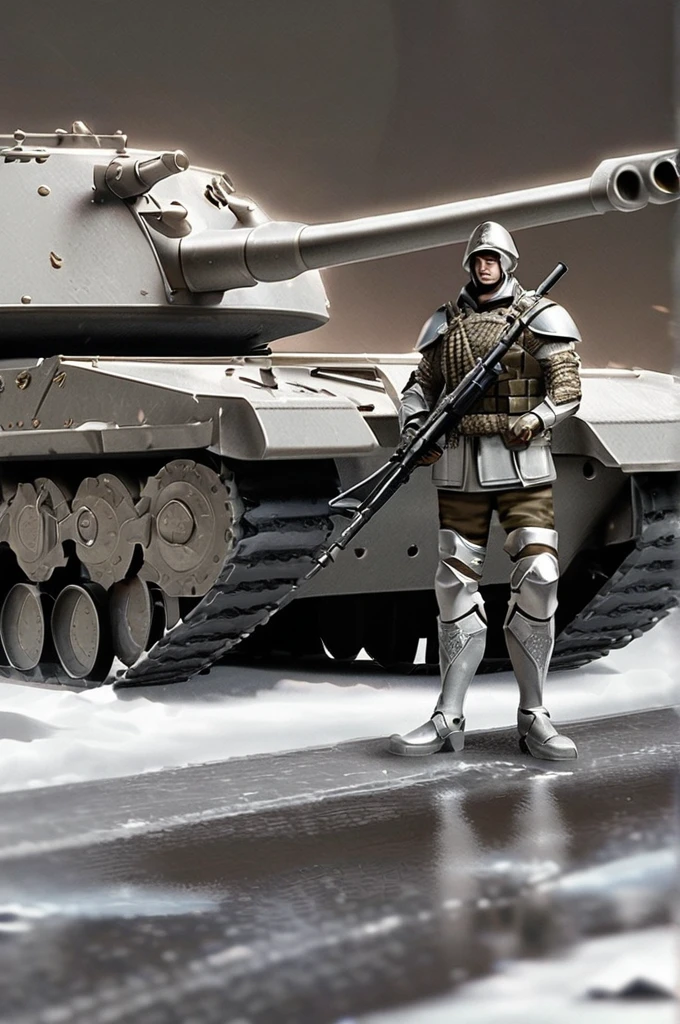 ((Лучшее качество)), ((шедевр)), (подробный), A Russian soldier in heavy armor with a machine gun looking at a large tank