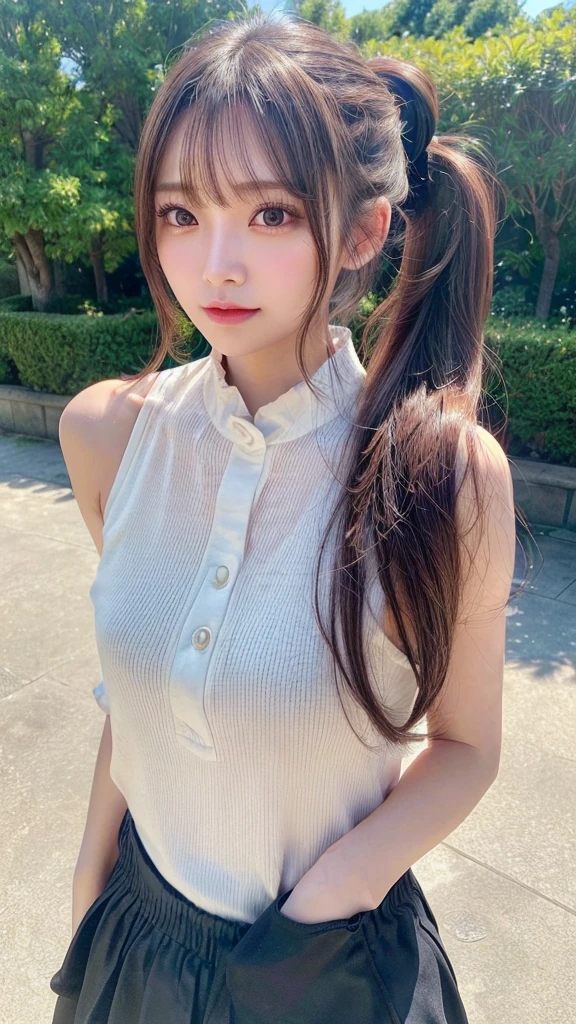 One piece with collar,outdoors,Urban Park,On the lawn,Ultra-detailed, finely detail, hight resolution, 8K Wallpaper, Perfect dynamic composition, Beautiful detailed eyes,Outdoor,Close-up of face,Outdoor,Blushing,Facing forward,,Long hair ponytail,((8k, Raw photo, Best Quality, Mastepiece:1.2), (Realism, Photorealistic:1.4), (Highly detailed 8K wallpapers), Depth of written boundary, Cinematic Lighting, Soft Light, Detailed Beauty Eye,Shiny and smooth light brown ponytail, Asymmetrical bangs, Shiny skin, Ultra-detailed skins ,It is high resolution., High detail, Detailed hairstyle, Detailed facial beauty, Hyper-realistic, Perfect limbs, Perfect Anatomy ,1 Japanese girl,Famous Japanese Idols, Perfect female body,A shy smile,Short eyelashes,Double-edged eyelids,Look straight here,Hair style: ponytail,