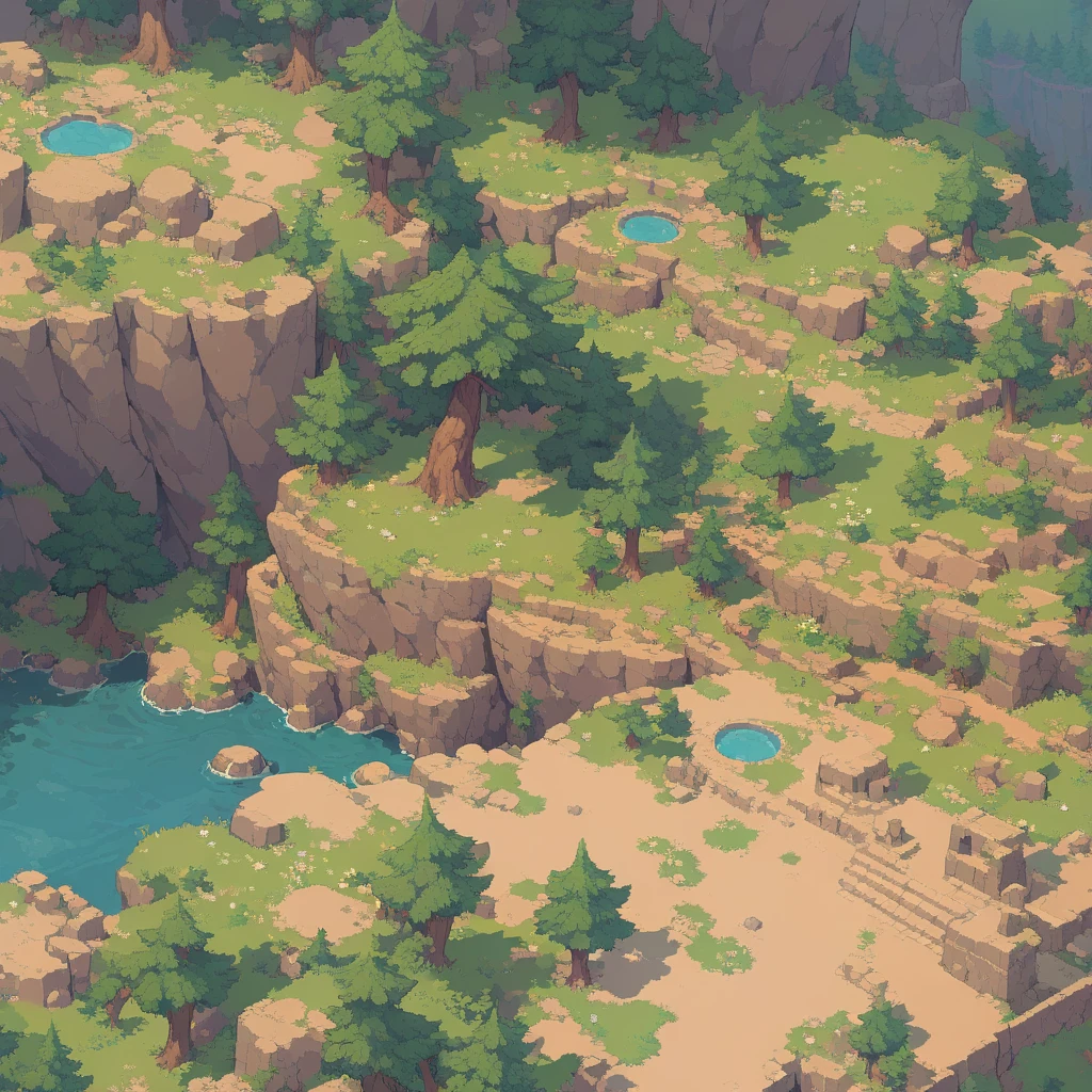 retro video game style,pixelated, vibrant pastel colors,8-bit characters,blocky shapes,sharp lines,detailed shading,classic gaming vibe,nostalgic atmosphere,classic arcade games,masterpiece:1.2,ultra-detailed,illustration style, 2d texture, stone texture, 4 k seamless mud texture, video game texture, dirt texture, tileset, game tiles, grass, 3/4th perspective trees, 3/4th perspective tileable rock texture, 3/4th perspective tileable cliff formations, tileable trees, topdown view, game texture, game art, tileable texture, very detailed cliff texture, intricate stones, top down view, 3/4th perspective