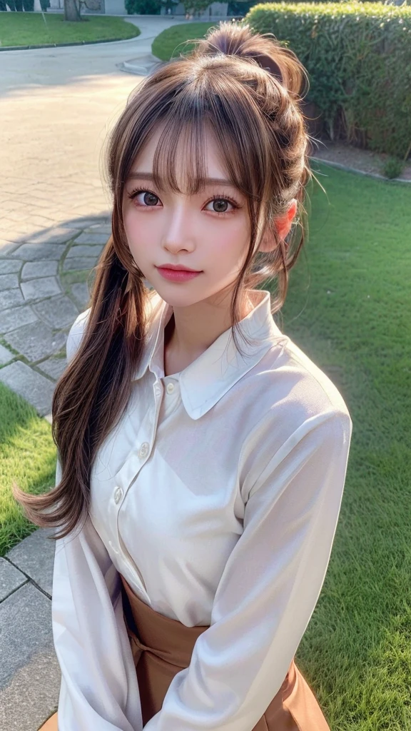 One piece with collar,outdoors,Urban Park,On the lawn,Ultra-detailed, finely detail, hight resolution, 8K Wallpaper, Perfect dynamic composition, Beautiful detailed eyes,Outdoor,Close-up of face,Outdoor,Blushing,Facing forward,,Long hair ponytail,((8k, Raw photo, Best Quality, Mastepiece:1.2), (Realism, Photorealistic:1.4), (Highly detailed 8K wallpapers), Depth of written boundary, Cinematic Lighting, Soft Light, Detailed Beauty Eye,Shiny and smooth light brown ponytail, Asymmetrical bangs, Shiny skin, Ultra-detailed skins ,It is high resolution., High detail, Detailed hairstyle, Detailed facial beauty, Hyper-realistic, Perfect limbs, Perfect Anatomy ,1 Japanese girl,Famous Japanese Idols, Perfect female body,A shy smile,Short eyelashes,Double-edged eyelids,Look straight here,Hair style: ponytail,