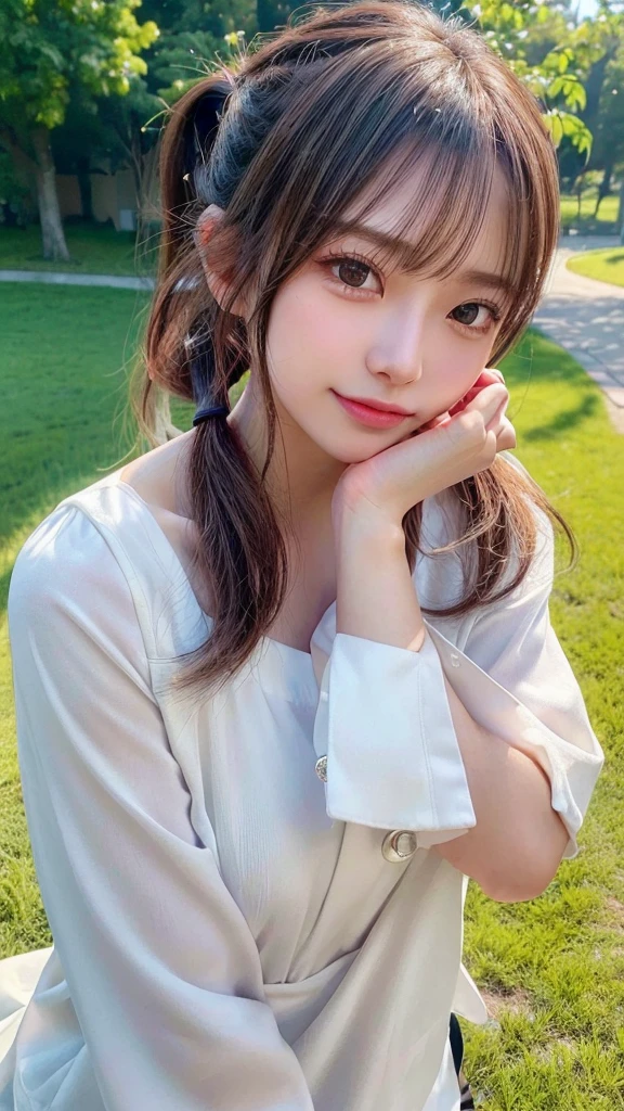 One piece with collar,outdoors,Urban Park,On the lawn,Ultra-detailed, finely detail, hight resolution, 8K Wallpaper, Perfect dynamic composition, Beautiful detailed eyes,Outdoor,Close-up of face,Outdoor,Blushing,Facing forward,,Long hair ponytail,((8k, Raw photo, Best Quality, Mastepiece:1.2), (Realism, Photorealistic:1.4), (Highly detailed 8K wallpapers), Depth of written boundary, Cinematic Lighting, Soft Light, Detailed Beauty Eye,Shiny and smooth light brown ponytail, Asymmetrical bangs, Shiny skin, Ultra-detailed skins ,It is high resolution., High detail, Detailed hairstyle, Detailed facial beauty, Hyper-realistic, Perfect limbs, Perfect Anatomy ,1 Japanese girl,Famous Japanese Idols, Perfect female body,A shy smile,Short eyelashes,Double-edged eyelids,Look straight here,Hair style: ponytail,