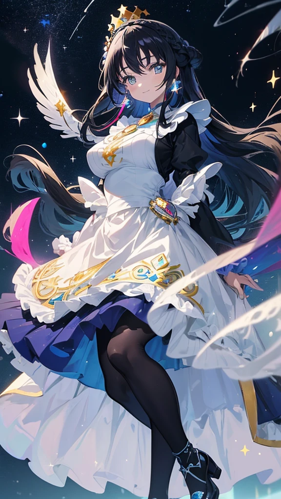 best quality, extremely detailed, anime style adult 1girl, long hair down to the waist, straight hair, ((dark black hair with bluish)),crown braid,beautiful detailed eyes, pinched eyes, dark blue eyes, huge breasts,curvy,(((princess motif magical dress))),longskirt,Clothing with intricate decorations,((feather and colorful accessory)),((foppery shoes)),fluttering cloak,((((light smile)))),((((under starrysky)))),animation cap,animated gif,((in precure style))