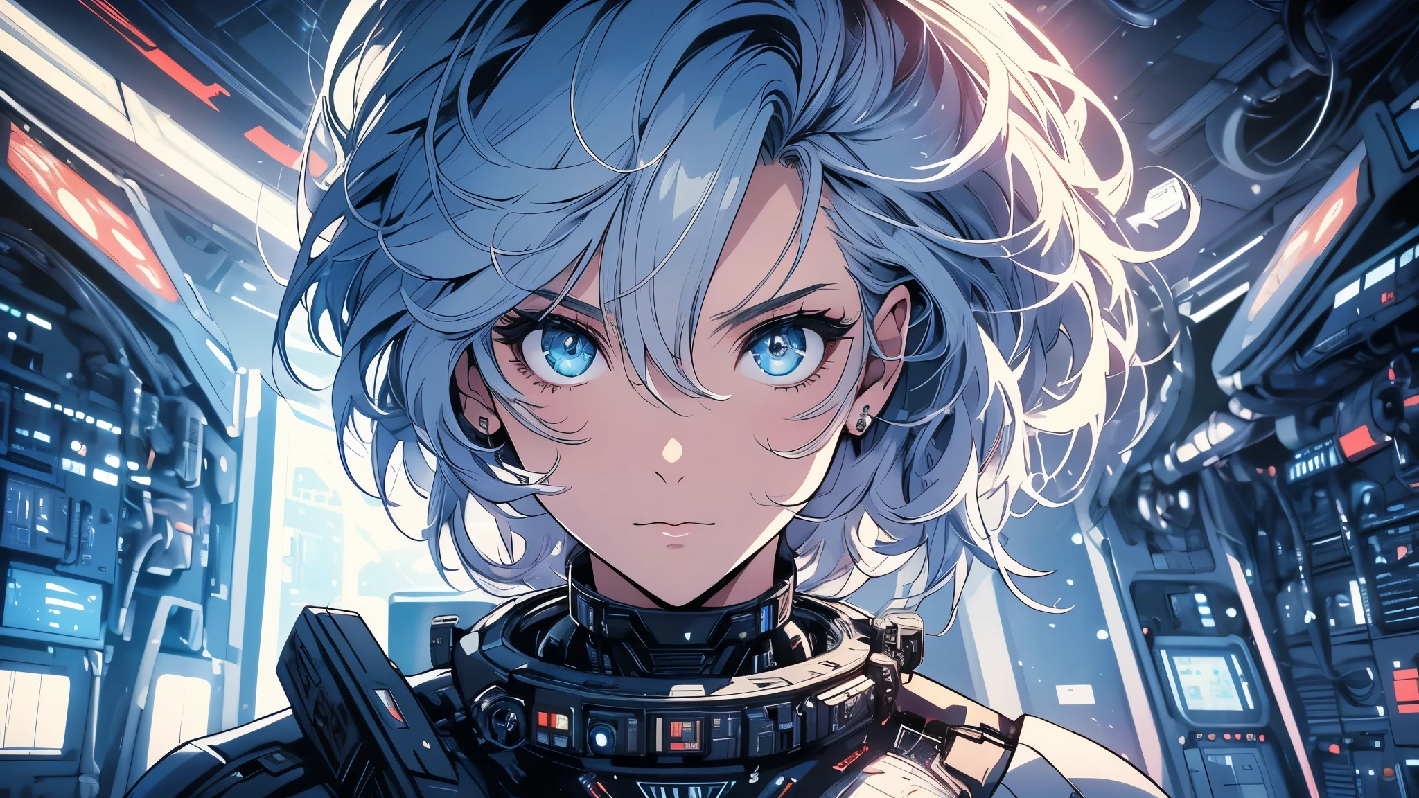 One beautiful woman, inside a spaceship, perfect machine, spacesuit, looking at camera, perfect face, zero gravity, outer space, lots of wires, switchboard, perfect and detailed machine, robot, detailed hair, (((Various angles))), cockpit, most beautiful woman alive, head shot , Super detailed background, top quality, Unique and beautiful eyes, Various unique hairstyles, Ghost in the Shell, Long shot, Panorama, (((Various eye color))), Various hair color, sparkling eyes,Outer space in the background, Unique and perfect face, Pale Lighting, shoot from above, (((ground level shot))), (((stylish)))