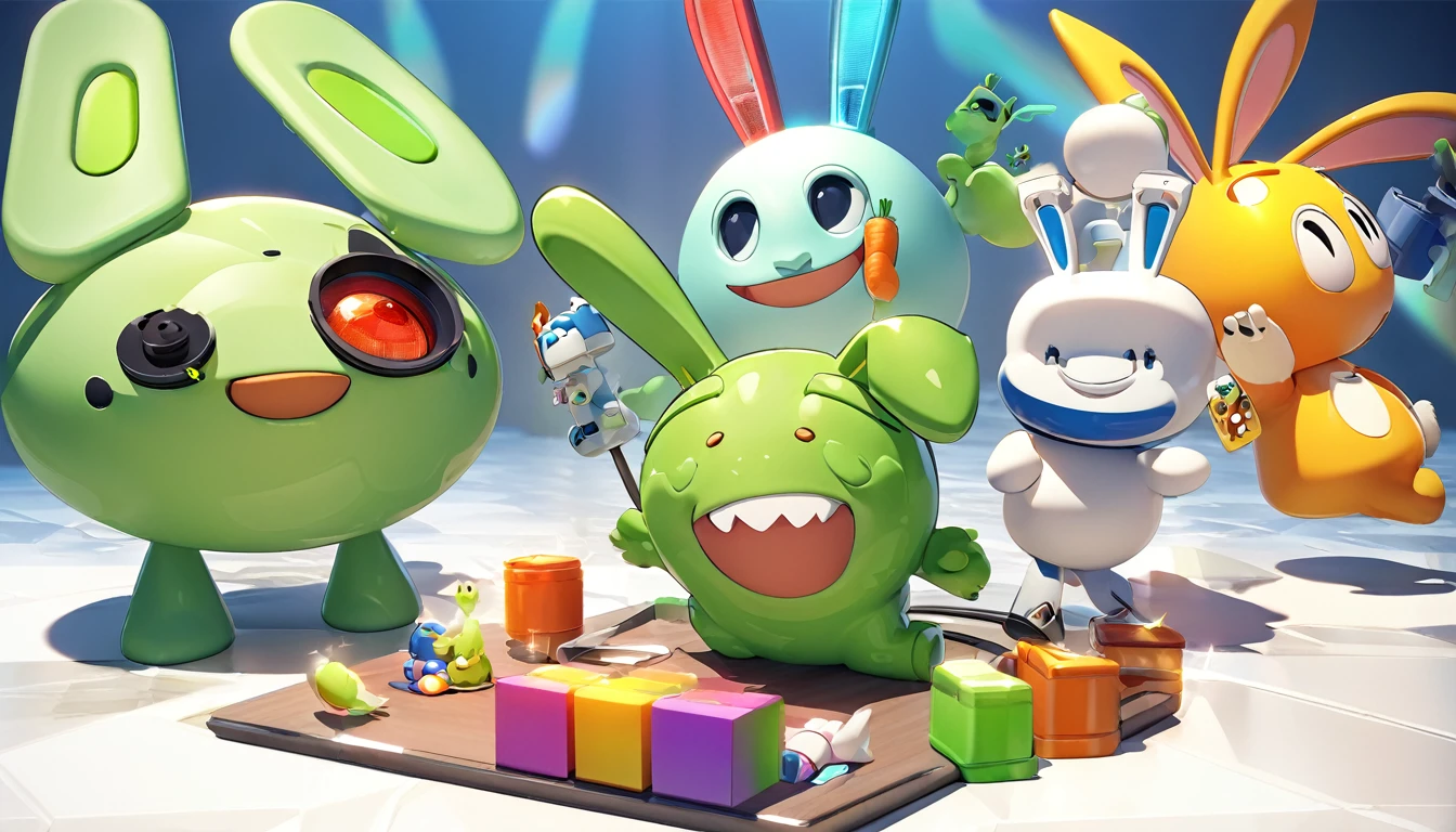 The image shows a green creature with rabbit ears and a wide smile., showing your teeth. It has large eyes and a 闪电-shaped symbol on its chest.. The background is blue. cartoon charachter of a green rabbit with a star on his chest, electric rabbit, rabble_charachter, toonix charachter, cute anthropomorphic bunny, anthropomorphic rabbit, 3D icon for mobile game, rabbit robot, Rayman Rabbids delirantes, friendly carrot cyborg, depicted as a pixar charachter, anthropomorphic charachter, toon render screenshot. cartoon green rabbit with a star on his chest, electric rabbit, green rabbit, rabble_charachter, toonix charachter, cute anthropomorphic bunny, anthropomorphic rabbit, 3D icon for mobile game, rabbit robot, Rayman Rabbids delirantes, toon render screenshot, anthropomorphic charachter, depicted as a pixar charachter, high detail iconic charachter. lying on the shiny metallic floor, shiny texture, smooth 3d model, multiple light sources, rim-light, crisp post-effects rendering, (shiny metallic texture with multiple refractions of large light probe), Perfect CGI, cgi art created with gradients only, smooth silhouette, high intensity refraction, (super shiny chrome material), most beautiful visual effects, blue background, rabbit greem chrome metal refractions