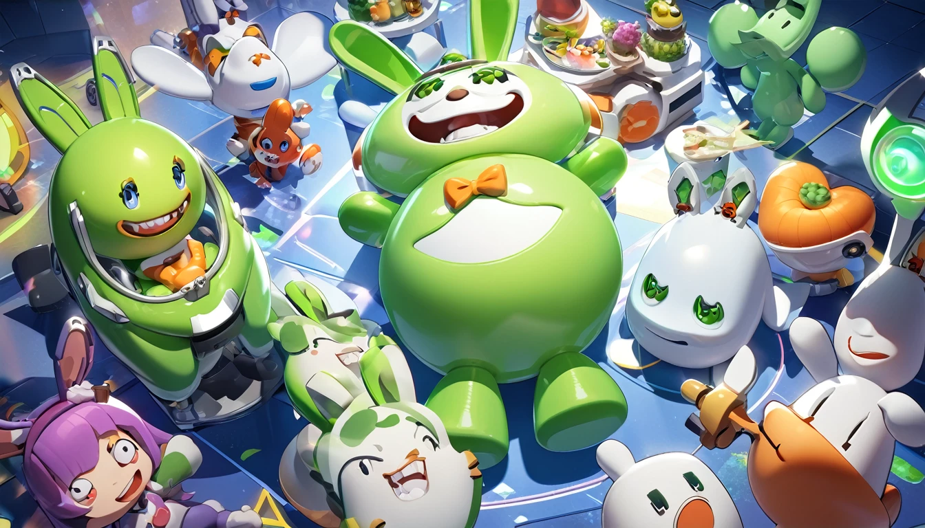 The image shows a green creature with rabbit ears and a wide smile., showing your teeth. It has large eyes and a 闪电-shaped symbol on its chest.. The background is blue. cartoon charachter of a green rabbit with a star on his chest, electric rabbit, rabble_charachter, toonix charachter, cute anthropomorphic bunny, anthropomorphic rabbit, 3D icon for mobile game, rabbit robot, Rayman Rabbids delirantes, friendly carrot cyborg, depicted as a pixar charachter, anthropomorphic charachter, toon render screenshot. cartoon green rabbit with a star on his chest, electric rabbit, green rabbit, rabble_charachter, toonix charachter, cute anthropomorphic bunny, anthropomorphic rabbit, 3D icon for mobile game, rabbit robot, Rayman Rabbids delirantes, toon render screenshot, anthropomorphic charachter, depicted as a pixar charachter, high detail iconic charachter. lying on the shiny metallic floor, shiny texture, smooth 3d model, multiple light sources, rim-light, crisp post-effects rendering, (shiny metallic texture with multiple refractions of large light probe), Perfect CGI, cgi art created with gradients only, smooth silhouette, high intensity refraction, (super shiny chrome material), most beautiful visual effects, blue background, rabbit greem chrome metal refractions