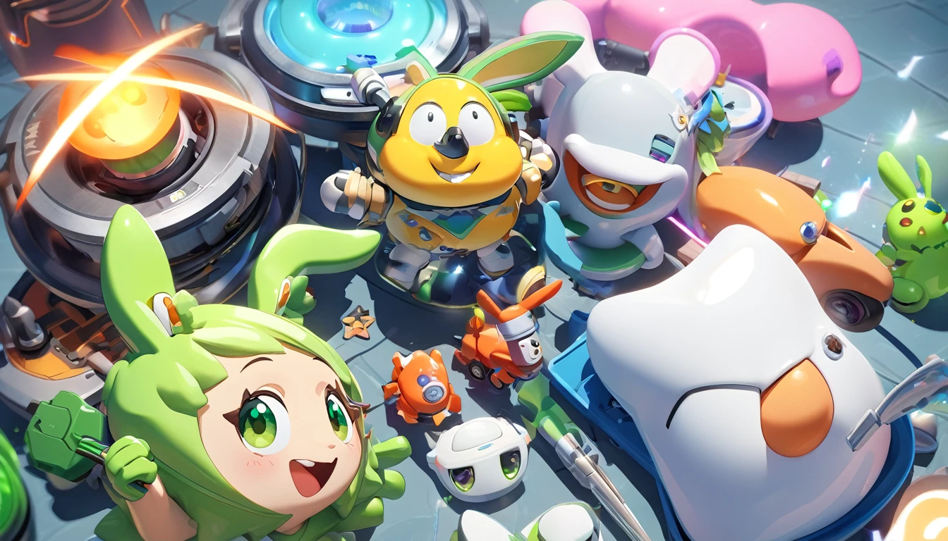 The image shows a green creature with rabbit ears and a wide smile., showing your teeth. It has large eyes and a 闪电-shaped symbol on its chest.. The background is blue. cartoon charachter of a green rabbit with a star on his chest, electric rabbit, rabble_charachter, toonix charachter, cute anthropomorphic bunny, anthropomorphic rabbit, 3D icon for mobile game, rabbit robot, Rayman Rabbids delirantes, friendly carrot cyborg, depicted as a pixar charachter, anthropomorphic charachter, toon render screenshot. cartoon green rabbit with a star on his chest, electric rabbit, green rabbit, rabble_charachter, toonix charachter, cute anthropomorphic bunny, anthropomorphic rabbit, 3D icon for mobile game, rabbit robot, Rayman Rabbids delirantes, toon render screenshot, anthropomorphic charachter, depicted as a pixar charachter, high detail iconic charachter. lying on the shiny metallic floor, shiny texture, smooth 3d model, multiple light sources, rim-light, crisp post-effects rendering, (shiny metallic texture with multiple refractions of large light probe), Perfect CGI, cgi art created with gradients only, smooth silhouette, high intensity refraction, (super shiny chrome material), most beautiful visual effects, blue background, rabbit greem chrome metal refractions