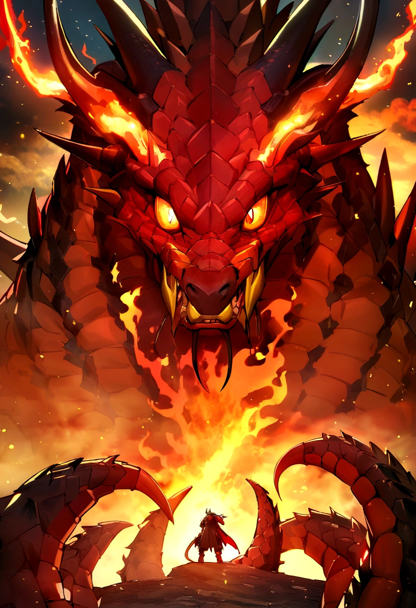 (Dragon Sky Dorado) (Sharp red eyes),closeup release (Blood and fire) Through the nose,Volume scale,high qulity,8K,Many details,Fire particles,Alas,4 legged,Spotted claws,Oro,dangers,firey,dentes pontiagudos,big dragon,gargantuan,threatening,Momentum,Blue scales