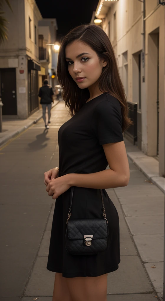 hyper realistic photograph, cute girl, 30 years old, blond har, red dress, k, masterpiece, sharp photo, looking at the viewer, dark brown hair, holding a Dior bag, wearing tight shirt, Venice beach street behind her, Los Angeles behind, dark brown medium hair, perfect body, model looking, realistic photo of a girl, wearing little black dress, dark outside, right after sunset