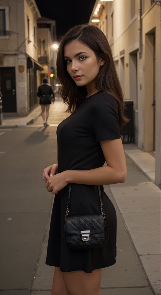 hyper realistic photograph, cute girl, 30 years old, blond har, red dress, k, masterpiece, sharp photo, looking at the viewer, dark brown hair, holding a Dior bag, wearing tight shirt, Venice beach street behind her, Los Angeles behind, dark brown medium hair, perfect body, model looking, realistic photo of a girl, wearing little black dress, dark outside, right after sunset