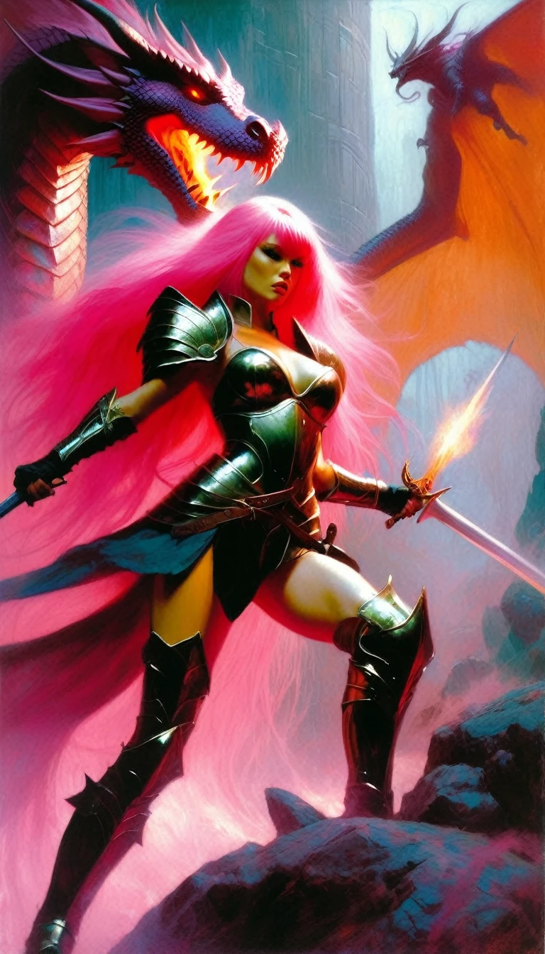 sexy warrior girl in armor, long pink hair, in a battle next to a dragon, fierce battle, dense fog, fire (art inspired in Bill Sienkiewicz). oil painting)